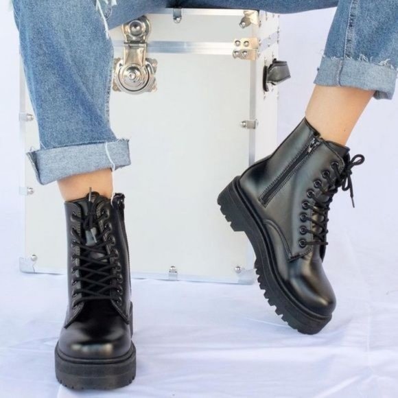 Black Vegan Leather Side Zip Combat Boots - Picture 5 of 8
